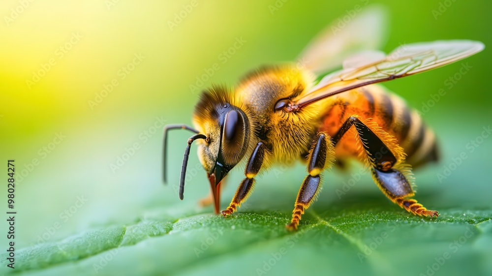 Close-up of a bee on a leaf, showcasing its delicate features and vibrant colors, symbolizing nature's beauty and pollination. Close-up of a bee on a leaf, showcasing its delicate features and vibrant colors, symbolizing nature's beauty and pollination.