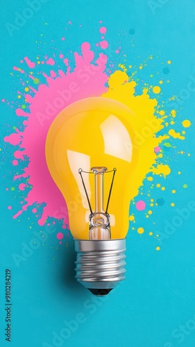 A vibrant yellow light bulb against a colorful splash of pink and yellow paint, symbolizing creativity and inspiration. photo