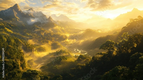 A breathtaking mountain landscape with lush trees, winding valleys, and mist-covered peaks, bathed in golden sunlight.