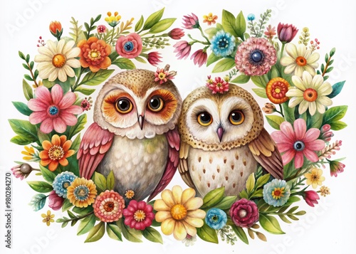 Whimsical illustration of two owls nestled within a vibrant floral wreath, evoking a sense of natural charm and serenity, ideal for nature and wildlife art enthusiasts.