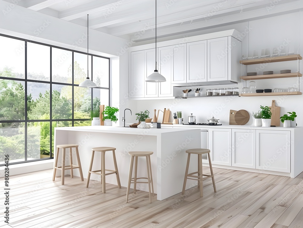 Minimalist White Kitchen with Open Island and Ample Natural Light for Functional and Serene Living Minimalist White Kitchen with Open Island and Ample Natural Light for Functional and Serene Living
