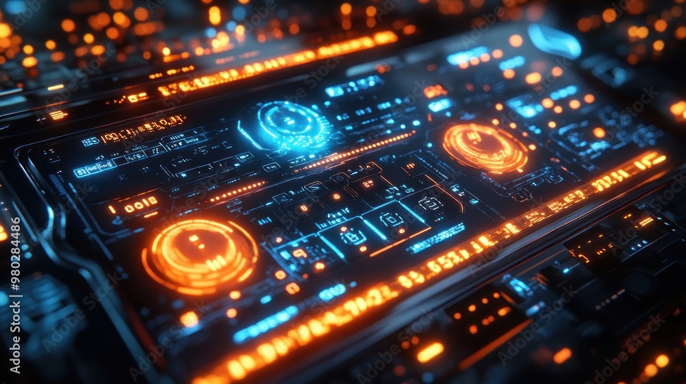 Futuristic control panel with glowing elements and data displays. Futuristic control panel with glowing elements and data displays.