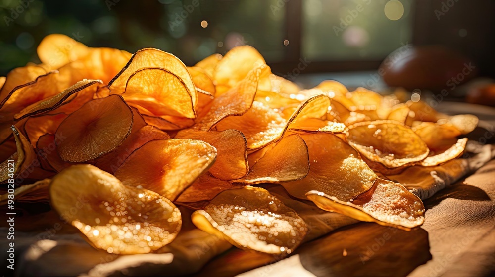 A pile of crispy potato chips on a table.