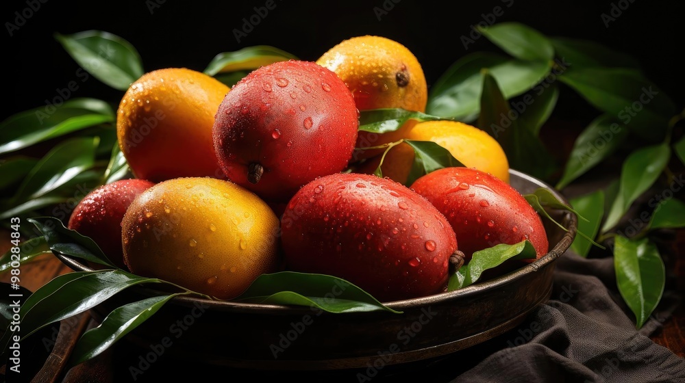 Oranges, blood oranges and grapefruits in a round metal tray with green leaves garnishing the sides. Oranges, blood oranges and grapefruits in a round metal tray with green leaves garnishing the sides.