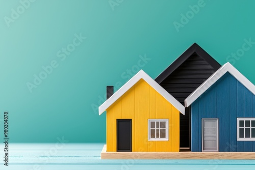 Colorful miniature houses on a teal background, representing modern housing and real estate concepts in a playful design. photo