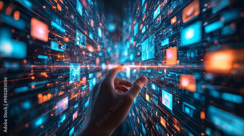Hand Reaching Into a Digital Network of Data and Information Hand Reaching Into a Digital Network of Data and Information
