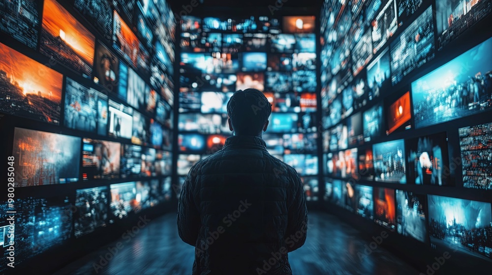 A Silhouetted Person Standing Before a Wall of Screens Displaying Various Images A Silhouetted Person Standing Before a Wall of Screens Displaying Various Images