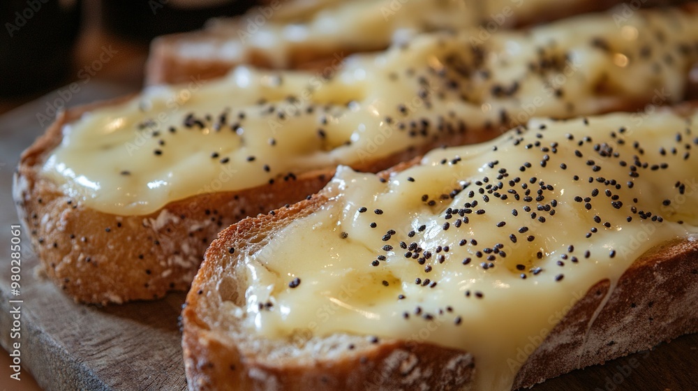 Cheesy bread topped with seeds close-up Cheesy bread topped with seeds close-up