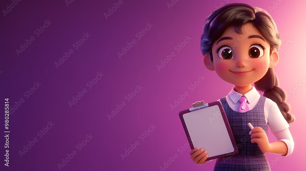 A 3D Cartoon Girl Holding a Clipboard with a Blank Sheet of Paper