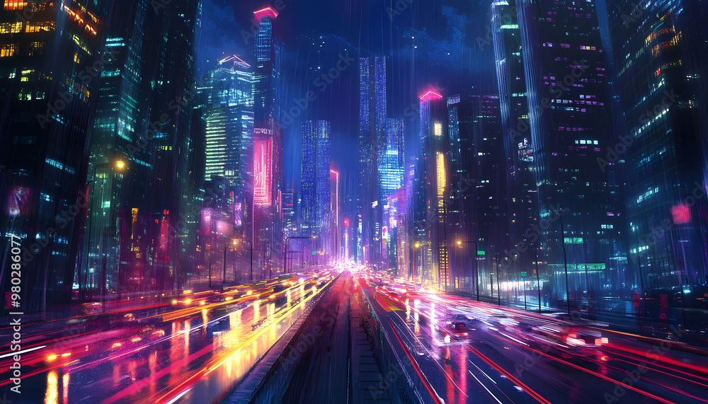 Obraz premium A bustling city at night, with skyscrapers illuminated and traffic creating streaks of light