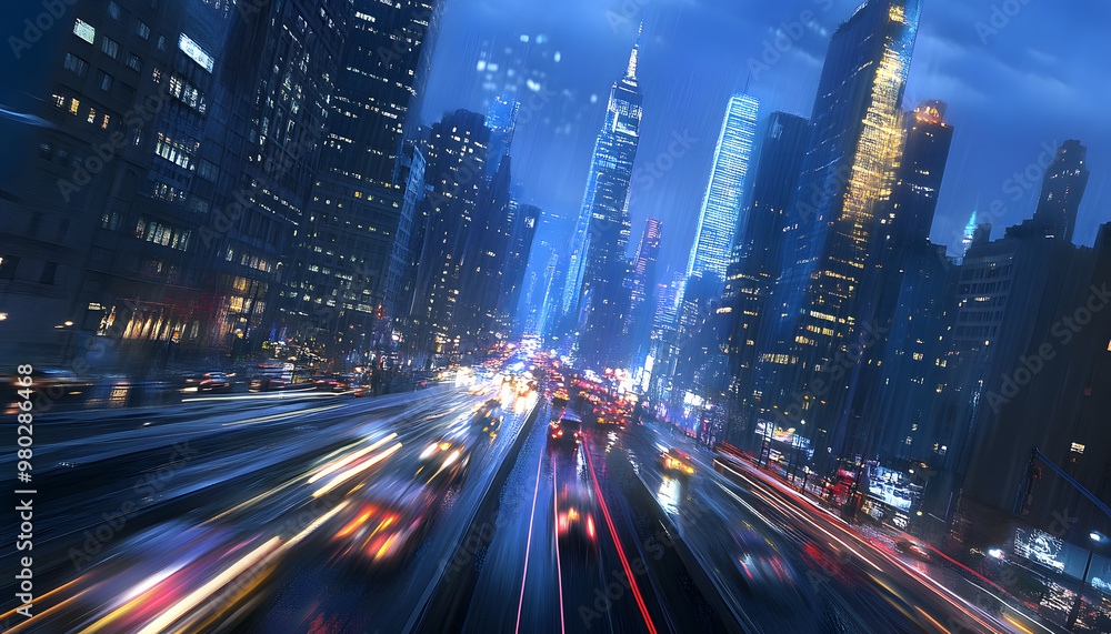 Obraz premium A bustling city at night, with skyscrapers illuminated and traffic creating streaks of light
