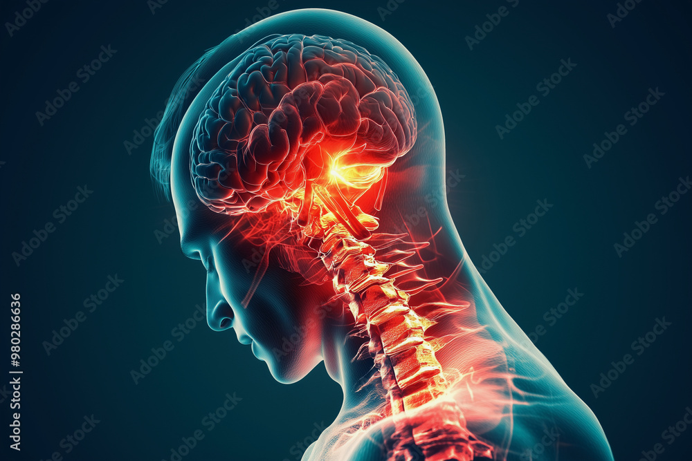 man's head is shown with a red light on it. The head is surrounded by a blue background man's head is shown with a red light on it. The head is surrounded by a blue background