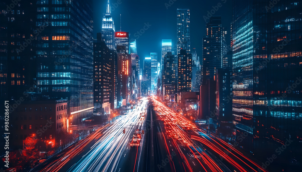 A bustling city at night, with skyscrapers illuminated and traffic creating streaks of light A bustling city at night, with skyscrapers illuminated and traffic creating streaks of light
