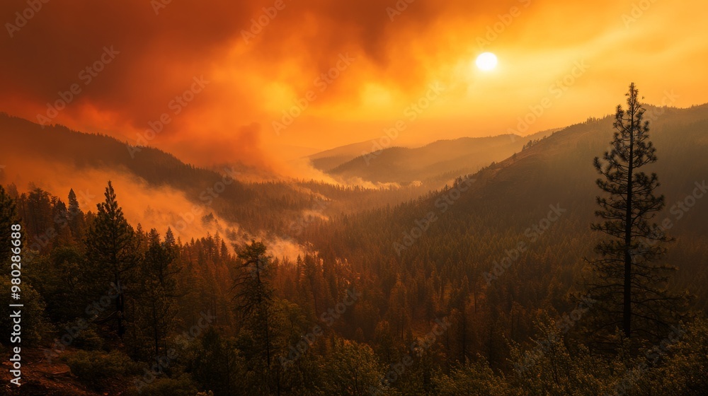 A valley in a mountainous region is shrouded in thick smoke. The sun is setting, casting an orange glow over the landscape. The silhouettes of trees and mountains are visible through the haze. A valley in a mountainous region is shrouded in thick smoke. The sun is setting, casting an orange glow over the landscape. The silhouettes of trees and mountains are visible through the haze.