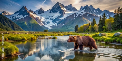 Majestic brown bear roams freely along serene mountain river, surrounded by stunning snow-capped peaks, seeking sustenance in the untouched wilderness near a tranquil pond. photo