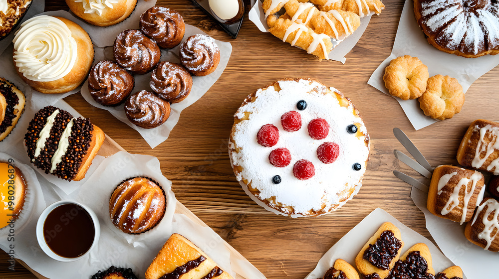 Top-down shot of traditional Oktoberfest pastries and cupcakes Top-down shot of traditional Oktoberfest pastries and cupcakes