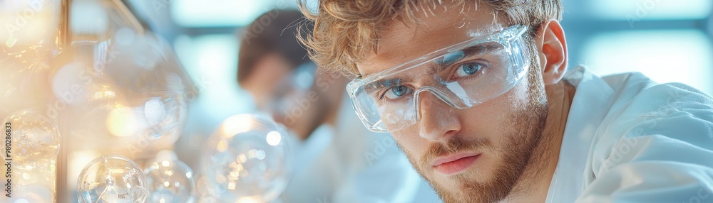 Focused scientist man in lab wearing safety glasses, conducting experiments with glass apparatus and beakers, showcasing modern research.