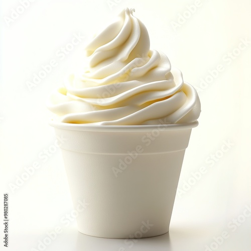 Swirling soft serve vanilla ice cream in a white cup on a light background