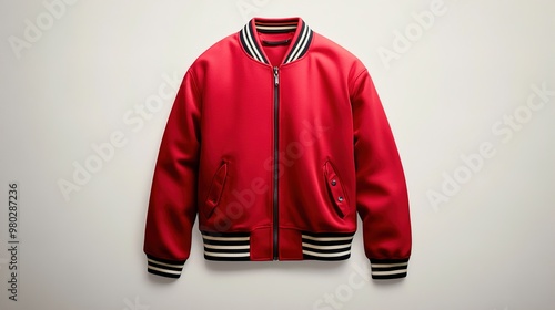 Red varsity jacket with striped collar and cuffs displayed on a plain backdrop