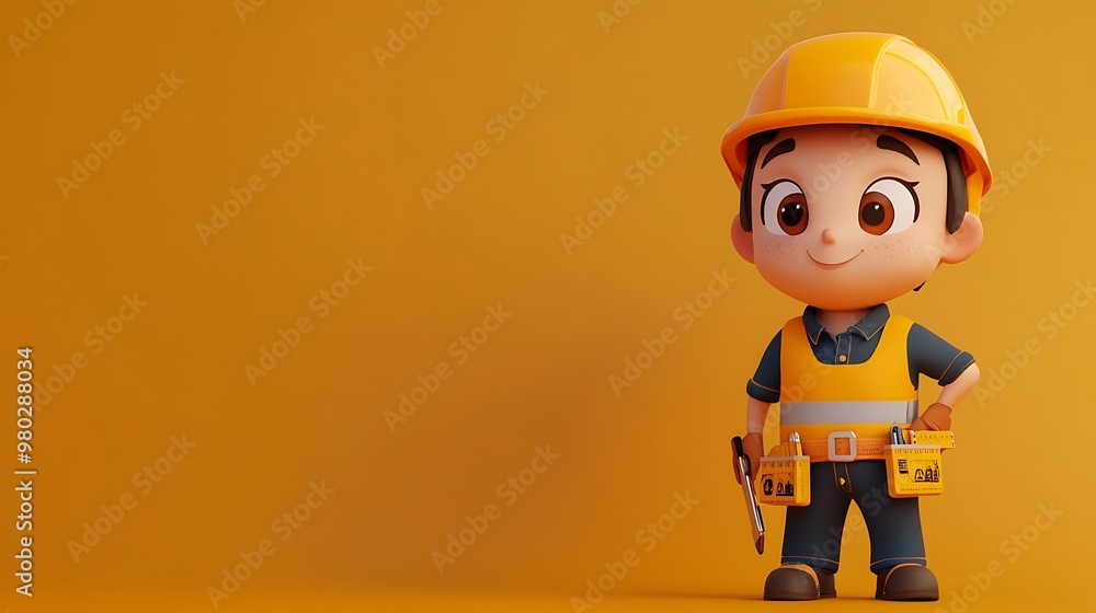 Fototapeta premium Cartoon Construction Worker with Tools and a Yellow Hard Hat