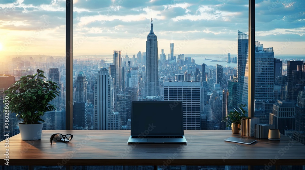 Laptop on a Desk with a City Skyline View at Sunset Laptop on a Desk with a City Skyline View at Sunset