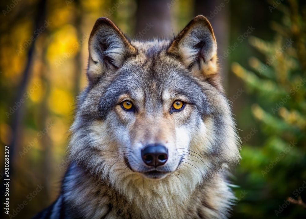 Fototapeta premium Majestic gray and white wolf with a black nose and piercing yellow eyes stands calmly in a forest, gazing directly at the camera with a neutral face.