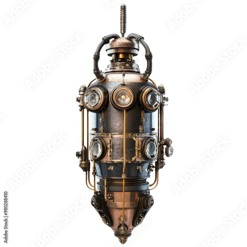 A detailed steampunk-inspired mechanical device with intricate designs and vintage aesthetics, perfect for art and design projects. transparent background