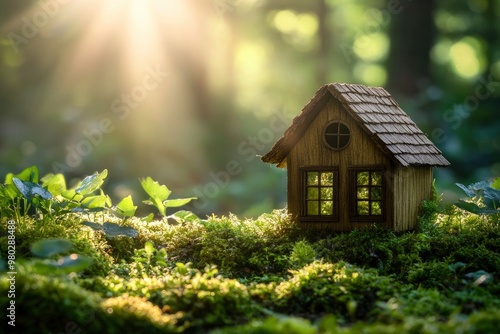 Small Wooden House In Mossy Garden With Sunlight - Earth Day Concept with generative ai