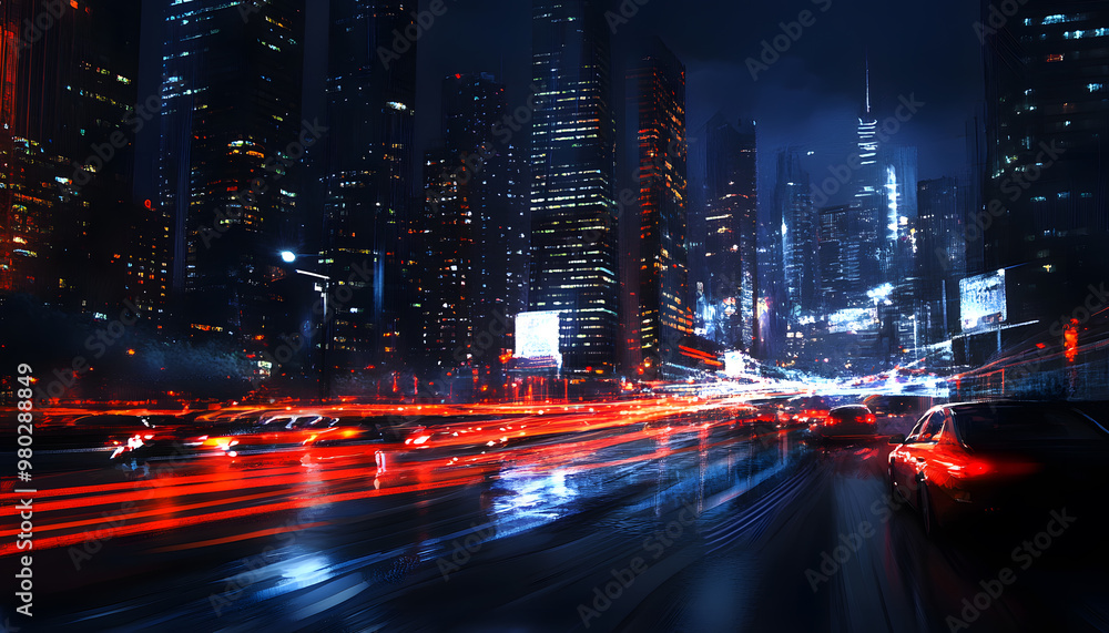 Obraz premium A bustling city at night, with skyscrapers illuminated and traffic creating streaks of light