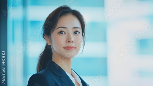 Professional Asian woman leading a business discussion, confident expression, modern office setting, collaboration theme