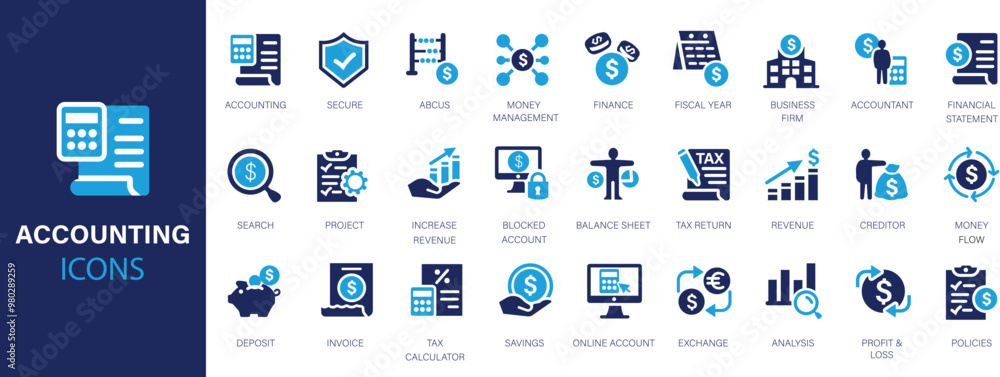 Accounting related flat icons set. Invoice, tax calculator, accountant, business firm, tax return and more. Accounting related flat icons set. Invoice, tax calculator, accountant, business firm, tax return and more.