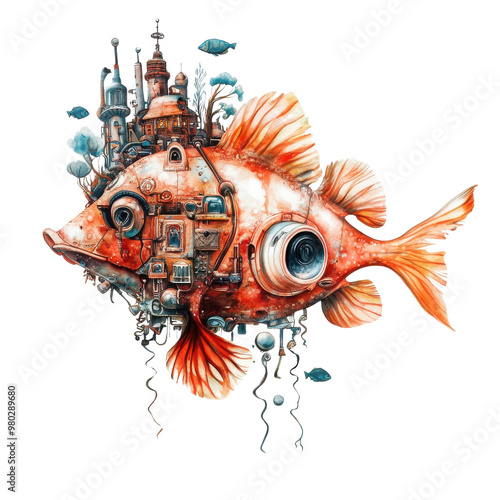 A whimsical fish design featuring a vibrant orange hue and mechanical elements, blending nature and technology in an artistic way. transparent background photo