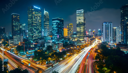 A bustling city at night, with skyscrapers illuminated and traffic creating streaks of light