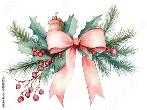 Watercolor Christmas illustration with a pink bow, holly, and evergreen branches.