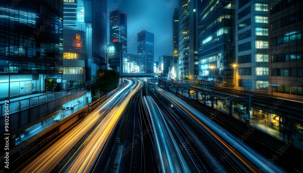 A bustling city at night, with skyscrapers illuminated and traffic creating streaks of light A bustling city at night, with skyscrapers illuminated and traffic creating streaks of light