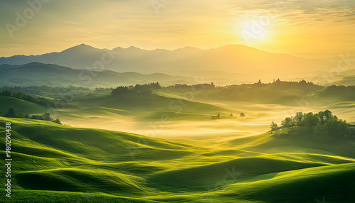 Picturesque rolling hills bathed in golden sunlight, with a misty morning haze creating an ethereal atmosphere.