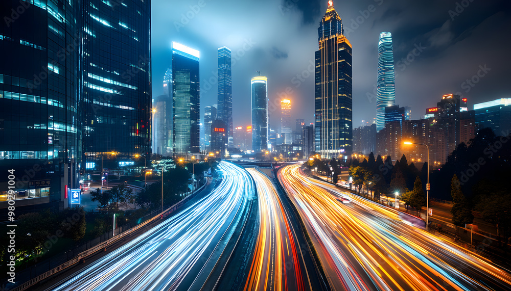 Naklejka premium A bustling city at night, with skyscrapers illuminated and traffic creating streaks of light