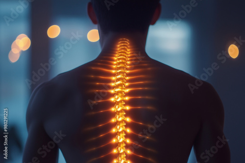  man's back is lit up with glowing bones, giving the impression of a spine. Concept of strength and resilience, as the spine is the central support structure of the body