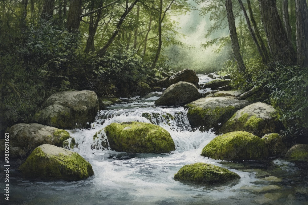 Smoky Mountain stream with mossy rocks with generative ai Smoky Mountain stream with mossy rocks with generative ai