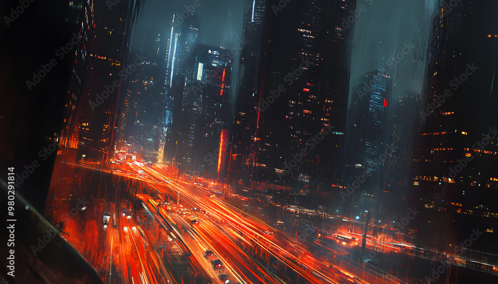 A bustling city at night, with skyscrapers illuminated and traffic creating streaks of light A bustling city at night, with skyscrapers illuminated and traffic creating streaks of light