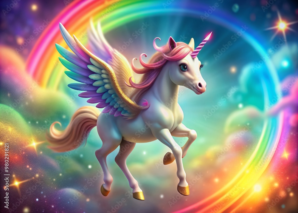 Whimsical 3D illustration of a small, endearing unicorn with delicate wings, set against a vibrant, colorful rainbow background, evoking magic and wonder. Whimsical 3D illustration of a small, endearing unicorn with delicate wings, set against a vibrant, colorful rainbow background, evoking magic and wonder.
