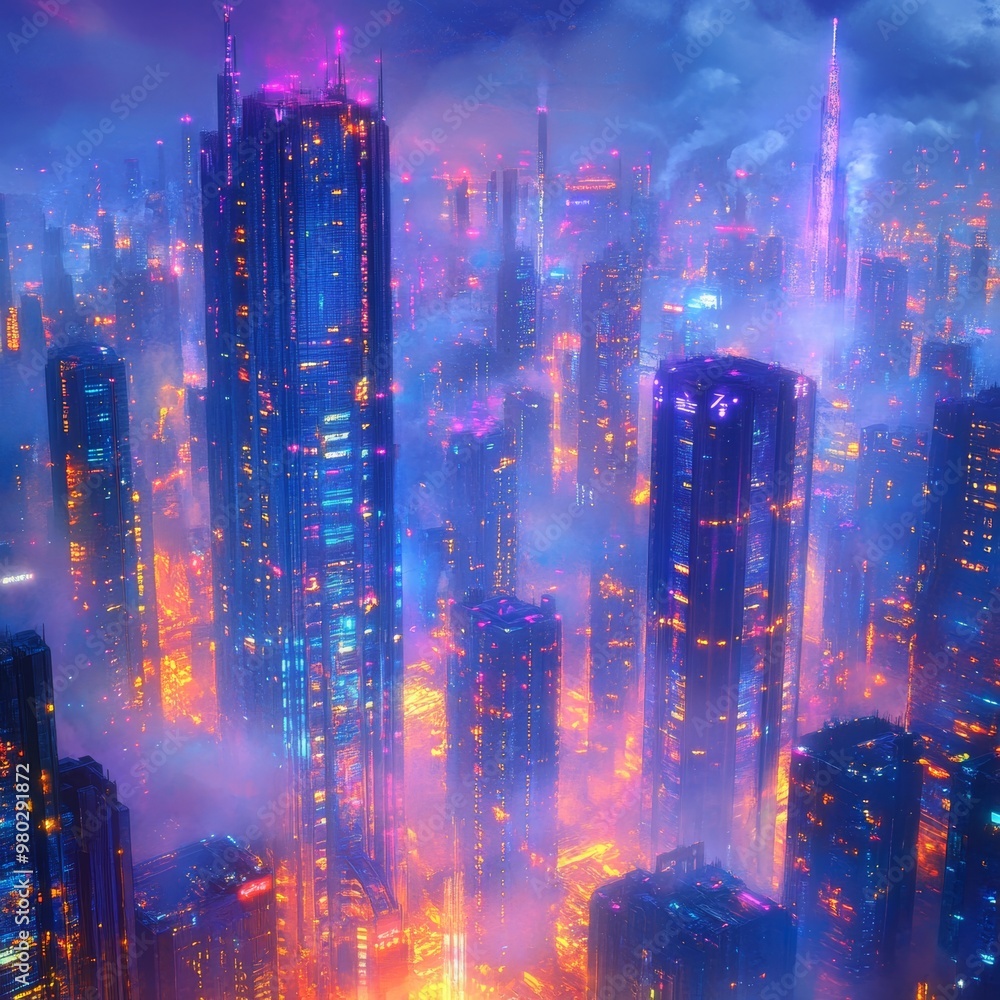 Fototapeta premium Futuristic Cityscape at Night with Fog and Neon Lights