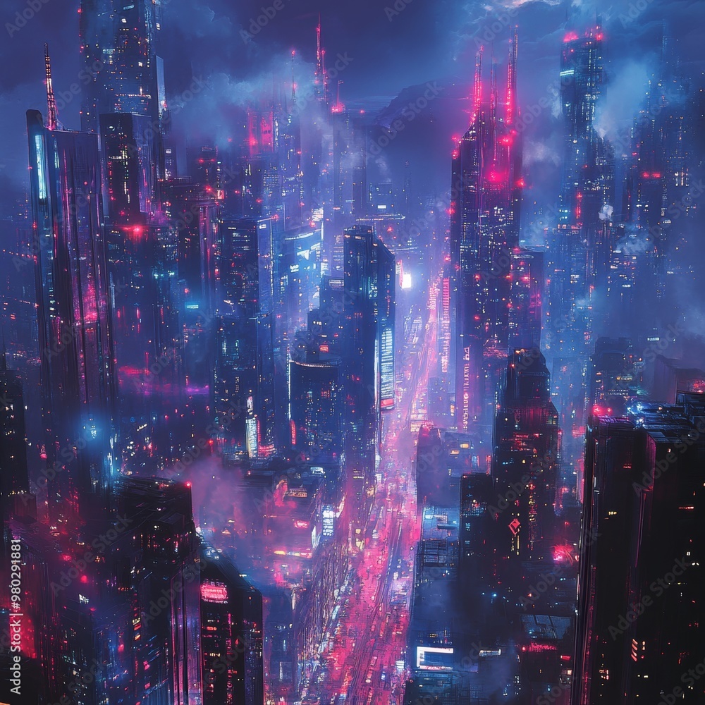 Obraz premium Futuristic Cityscape with Neon Lights and Fog