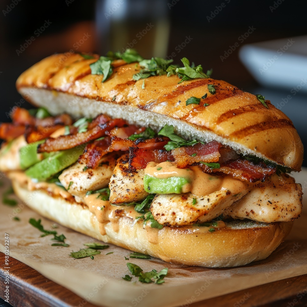 Grilled Chicken and Bacon Sandwich with Avocado and Sauce Grilled Chicken and Bacon Sandwich with Avocado and Sauce