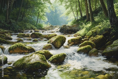 Smoky Mountain stream with mossy rocks with generative ai