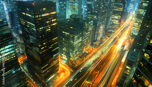 A bustling city at night, with skyscrapers illuminated and traffic creating streaks of light