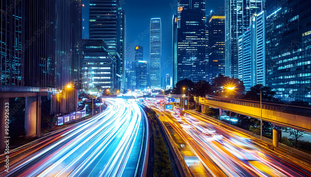 Naklejka premium A bustling city at night, with skyscrapers illuminated and traffic creating streaks of light