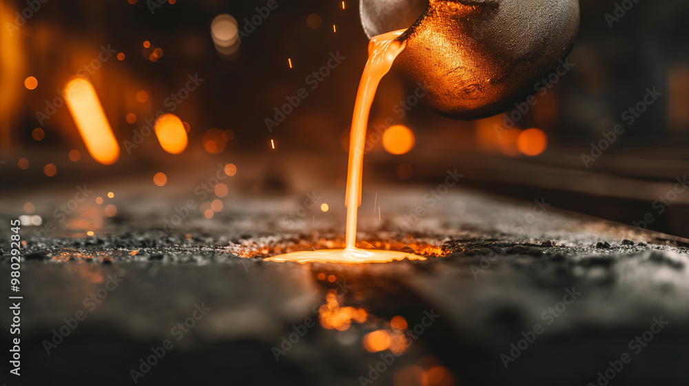 Foundry worker pouring molten metal into mold, capturing intense heat and precision of metalworking process with glowing liquid metal contrasting against dark industrial background. Foundry worker pouring molten metal into mold, capturing intense heat and precision of metalworking process with glowing liquid metal contrasting against dark industrial background.