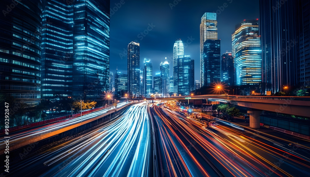 Obraz premium A bustling city at night, with skyscrapers illuminated and traffic creating streaks of light
