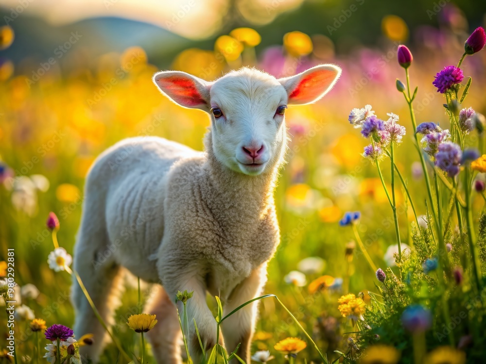 Obraz premium A sweet lamb grazes peacefully amidst a vibrant tapestry of colorful wildflowers swaying gently in the breeze on a serene sunny meadow afternoon.